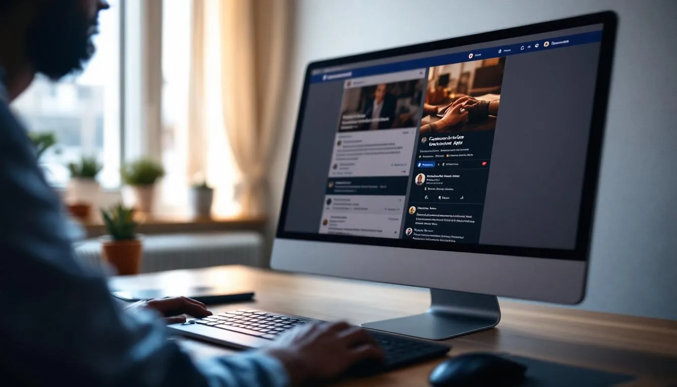 In de afbeelding toont een computerscherm de Facebook-interface met een social media feed vol posts en afbeeldingen. De lay-out benadrukt de optimale sociale media-afmetingen, met de nadruk op verschillende formaten die geschikt zijn voor betrokkenheid op platforms zoals Instagram en LinkedIn.